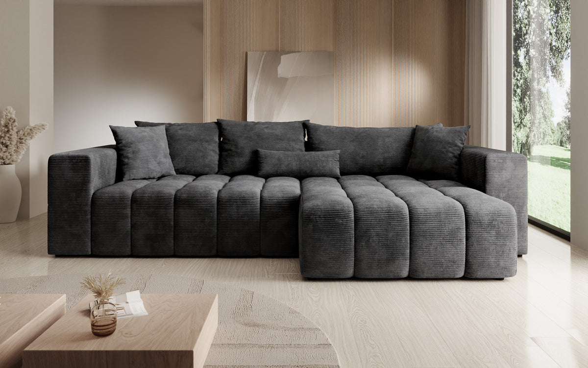 Designer hoekbank Momo met slaap- en klapfunctie in Ribstof