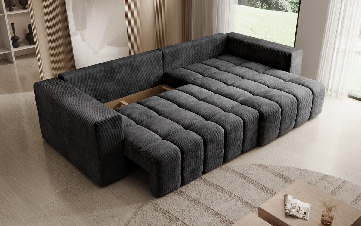 Designer hoekbank Momo met slaap- en klapfunctie in Ribstof