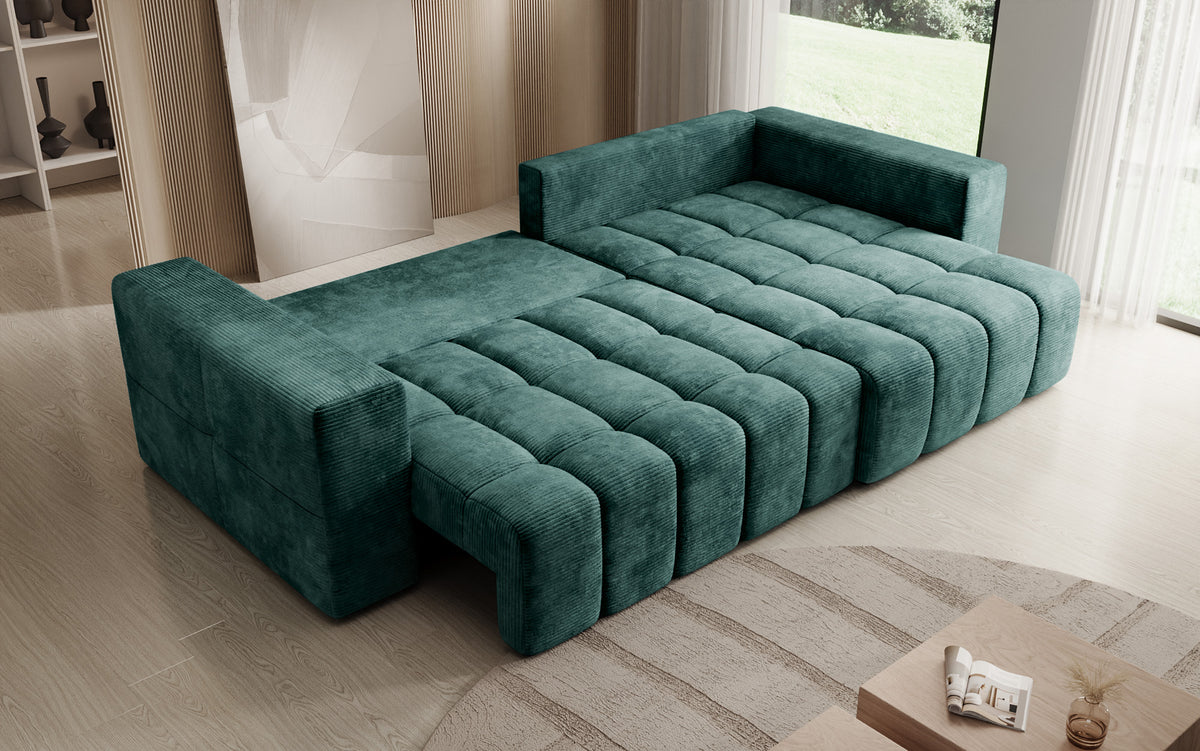 Designer hoekbank Momo met slaap- en klapfunctie in Ribstof