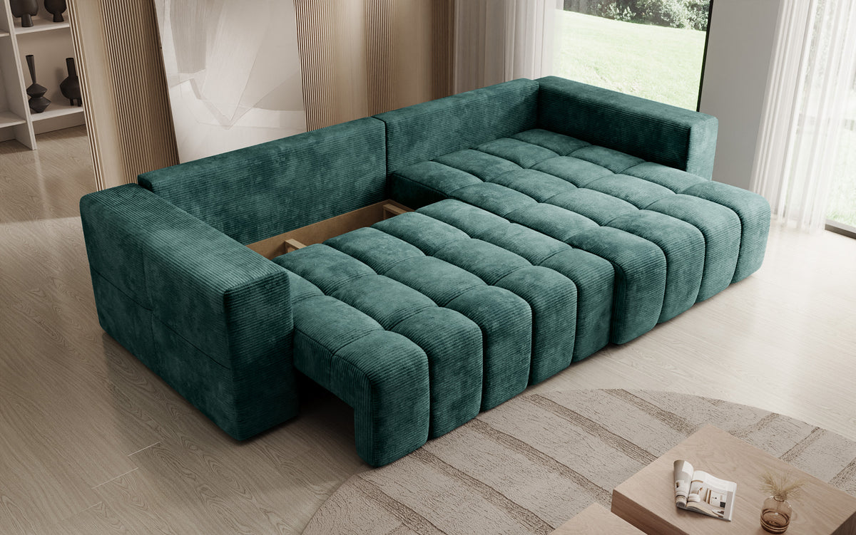 Designer hoekbank Momo met slaap- en klapfunctie in Ribstof