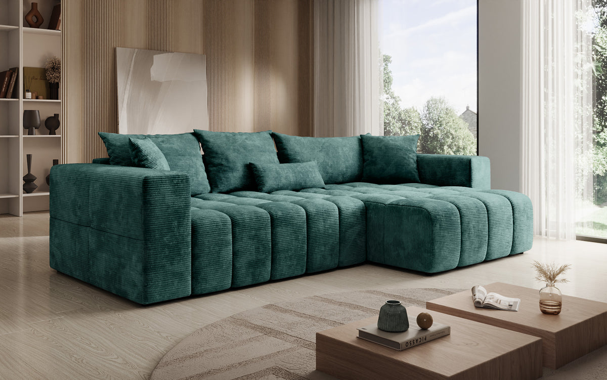 Designer hoekbank Momo met slaap- en klapfunctie in Ribstof