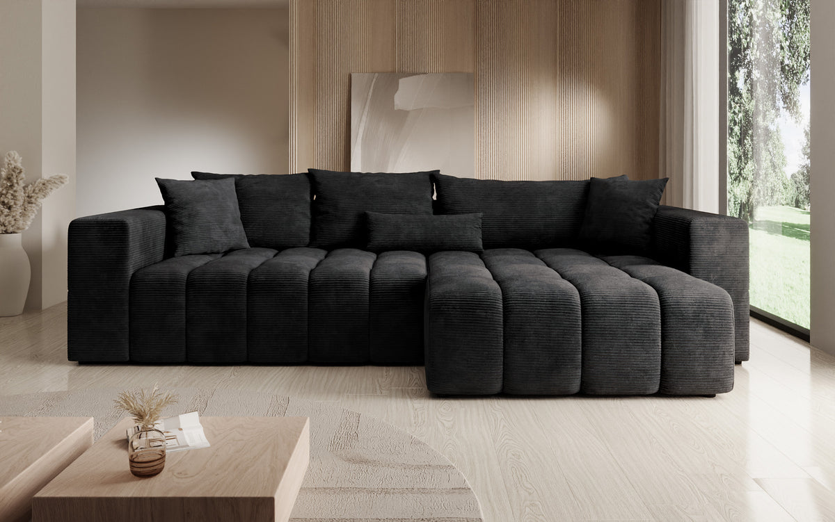 Designer hoekbank Momo met slaap- en klapfunctie in Ribstof