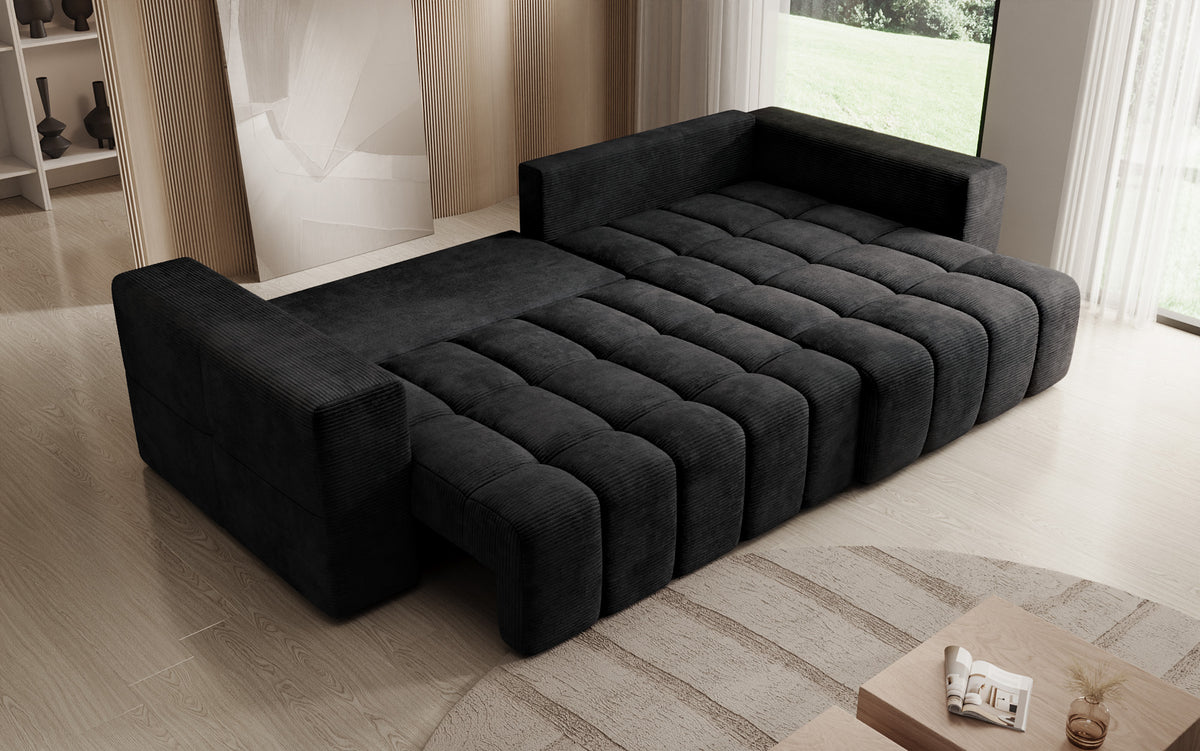 Designer hoekbank Momo met slaap- en klapfunctie in Ribstof
