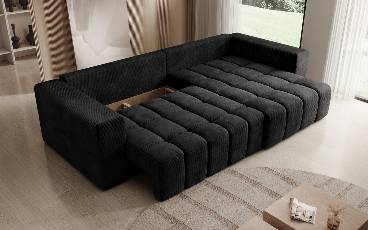 Designer hoekbank Momo met slaap- en klapfunctie in Ribstof