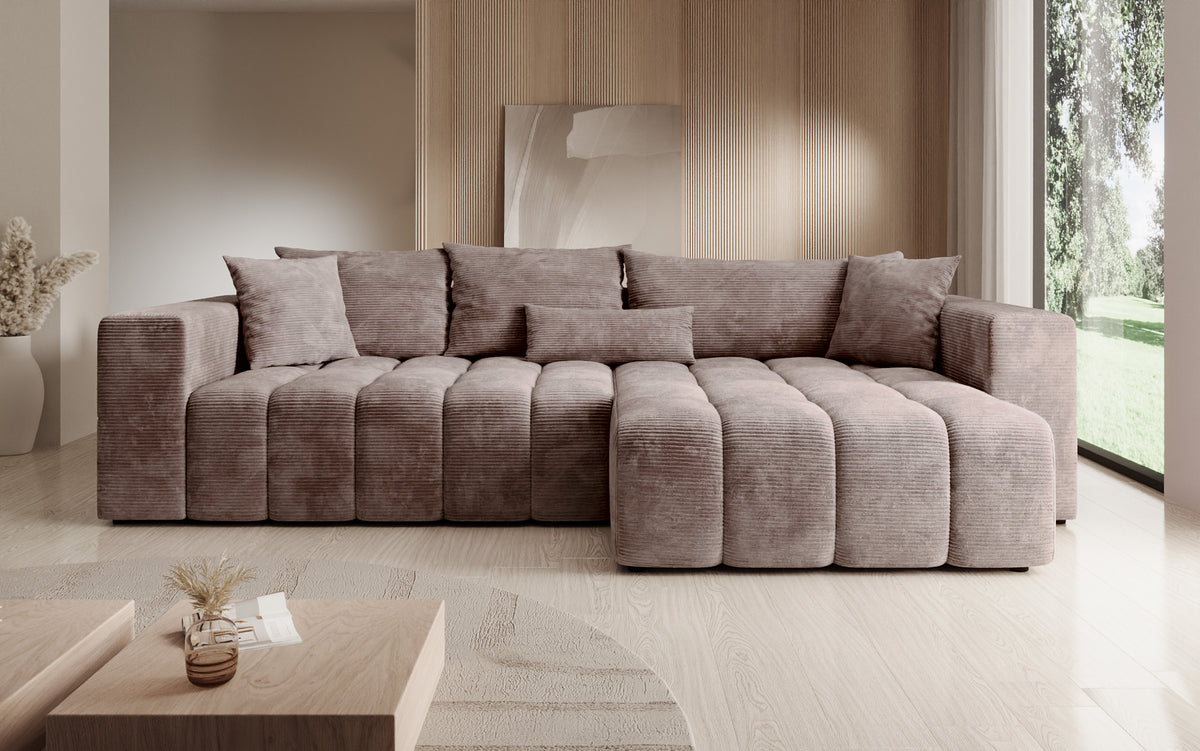 Designer hoekbank Momo met slaap- en klapfunctie in Ribstof