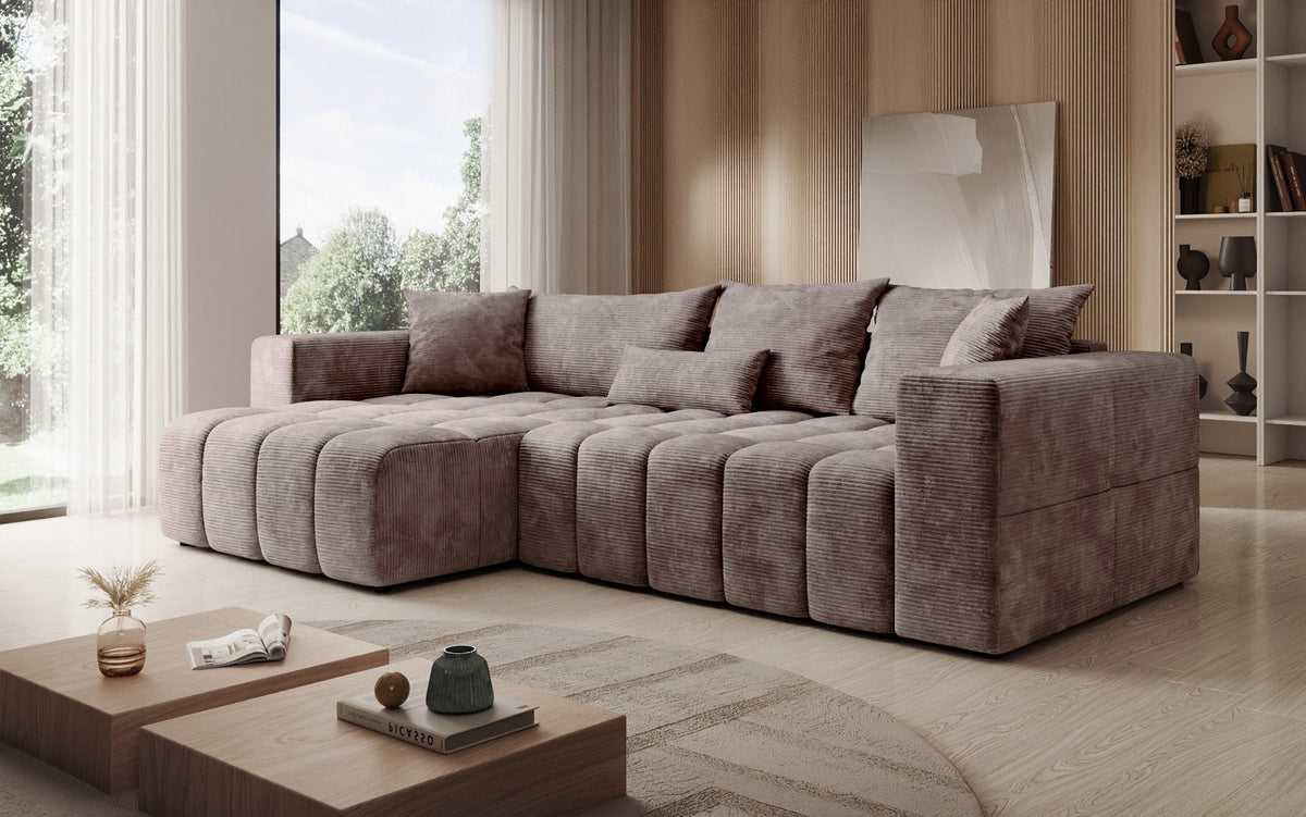 Designer hoekbank Momo met slaap- en klapfunctie in Ribstof