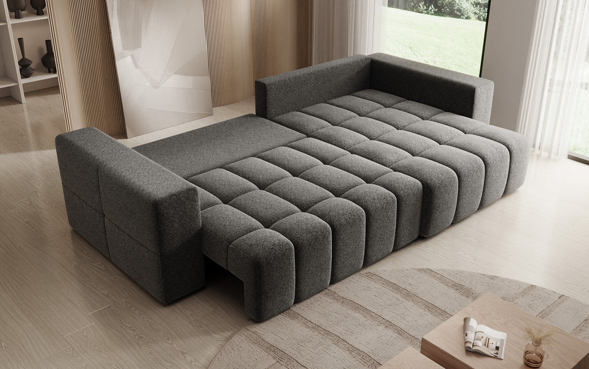 Designer hoekbank Momo met slaap- en klapfunctie in structuurstof