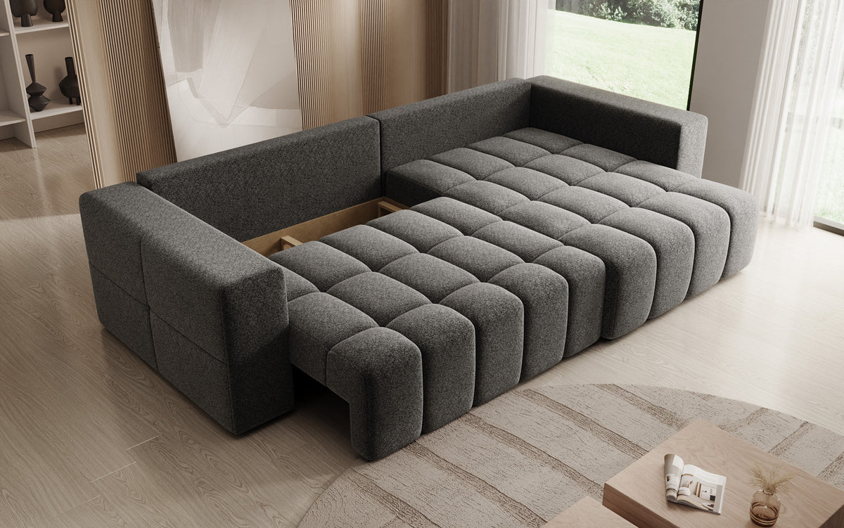 Designer hoekbank Momo met slaap- en klapfunctie in structuurstof