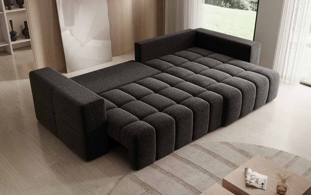 Designer hoekbank Momo met slaap- en klapfunctie in structuurstof