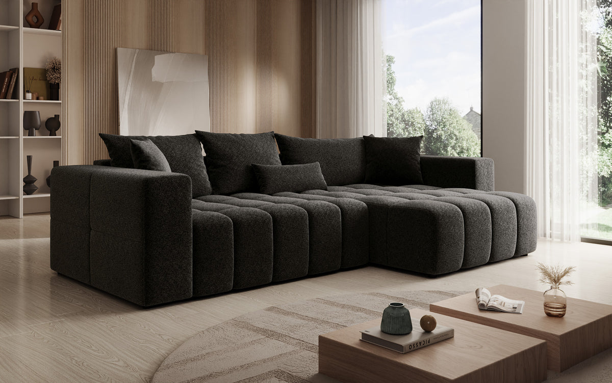 Designer hoekbank Momo met slaap- en klapfunctie in structuurstof