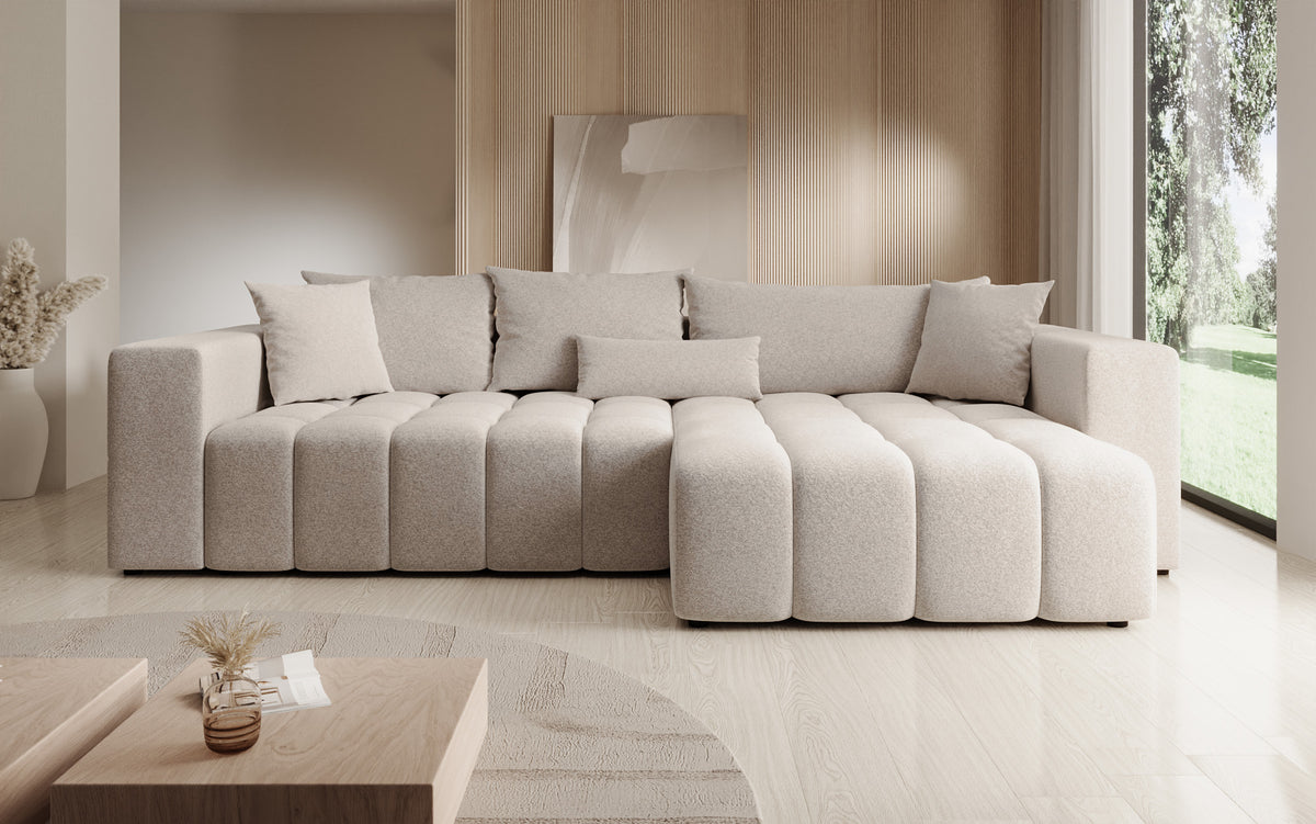 Designer hoekbank Momo met slaap- en klapfunctie in structuurstof