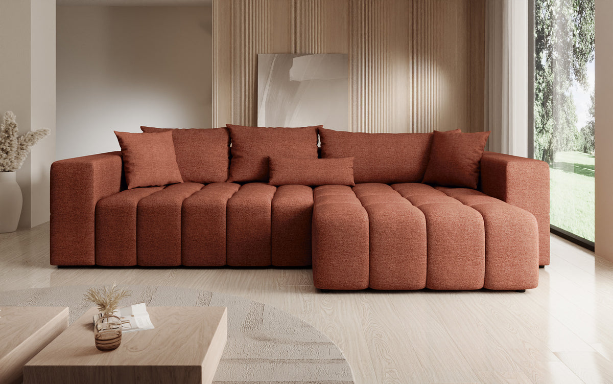 Designer hoekbank Momo met slaap- en klapfunctie in structuurstof