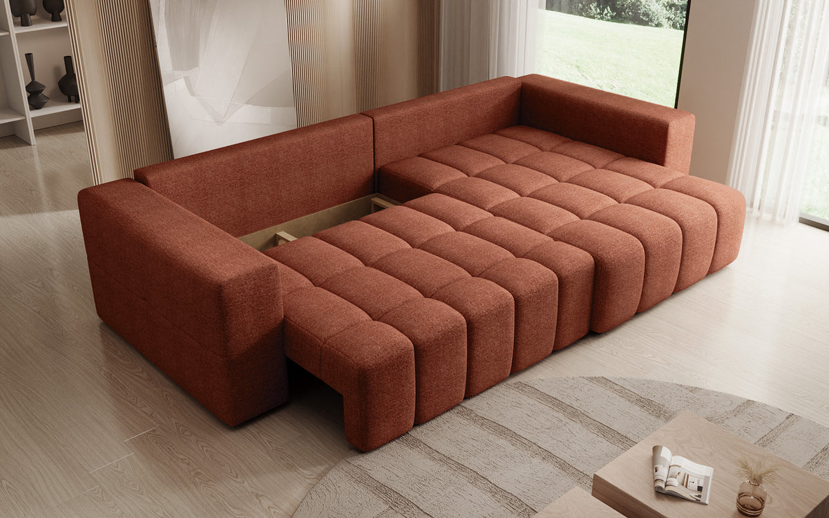 Designer hoekbank Momo met slaap- en klapfunctie in structuurstof