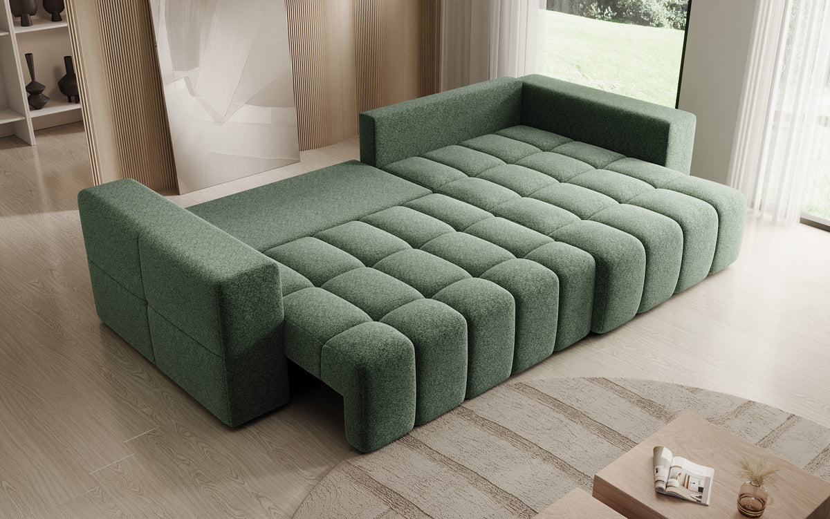 Designer hoekbank Momo met slaap- en klapfunctie in structuurstof