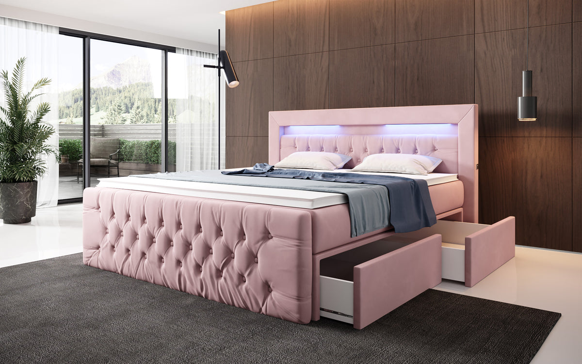 Boxspringbed Menzogna Samt mit LED und Stauraum (2 Schubladen)