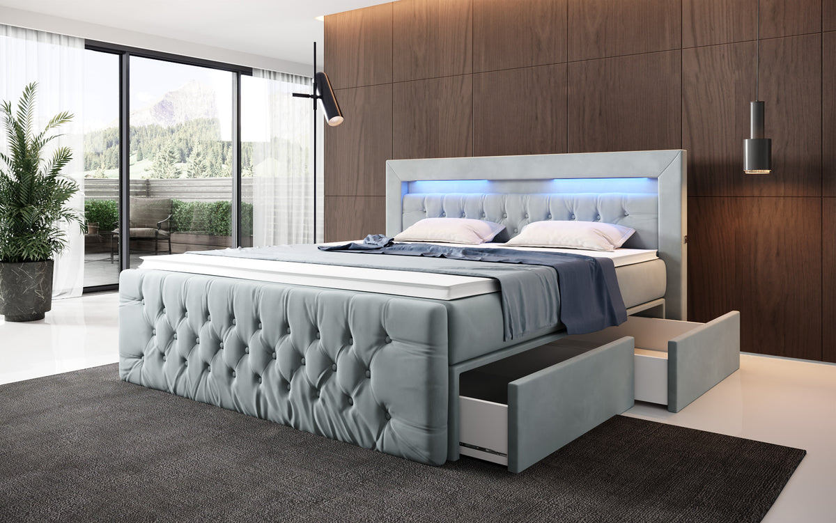 Boxspringbed Menzogna Samt mit LED und Stauraum (2 Schubladen)