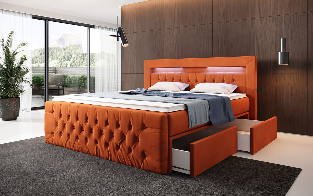 Boxspringbed Menzogna Samt mit LED und Stauraum (2 Schubladen)