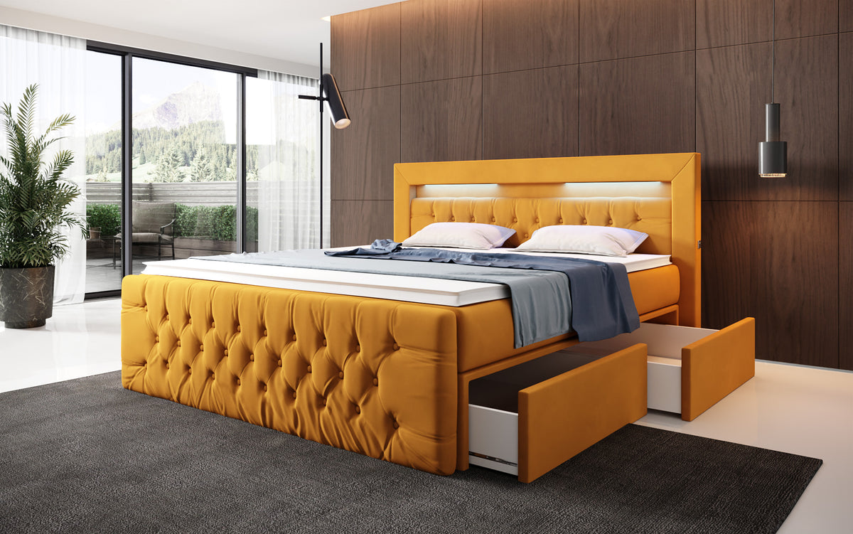 Boxspringbed Menzogna Samt mit LED und Stauraum (2 Schubladen)