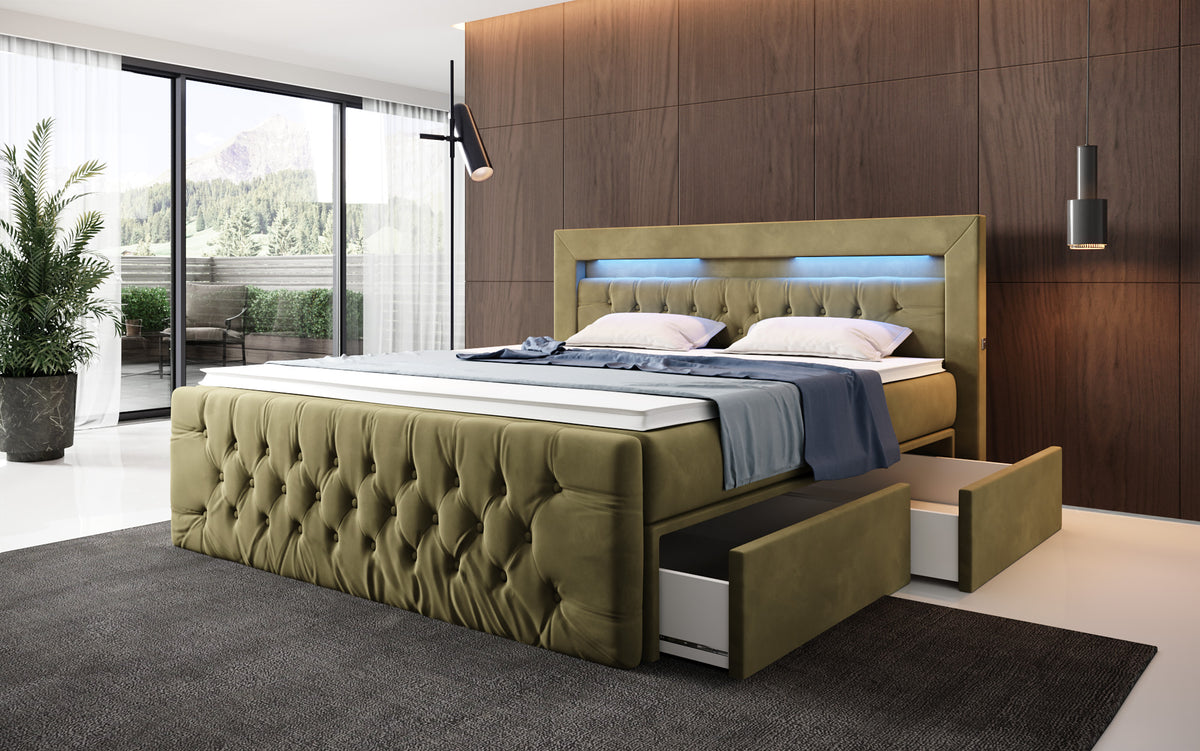 Boxspringbed Menzogna Samt mit LED und Stauraum (2 Schubladen)