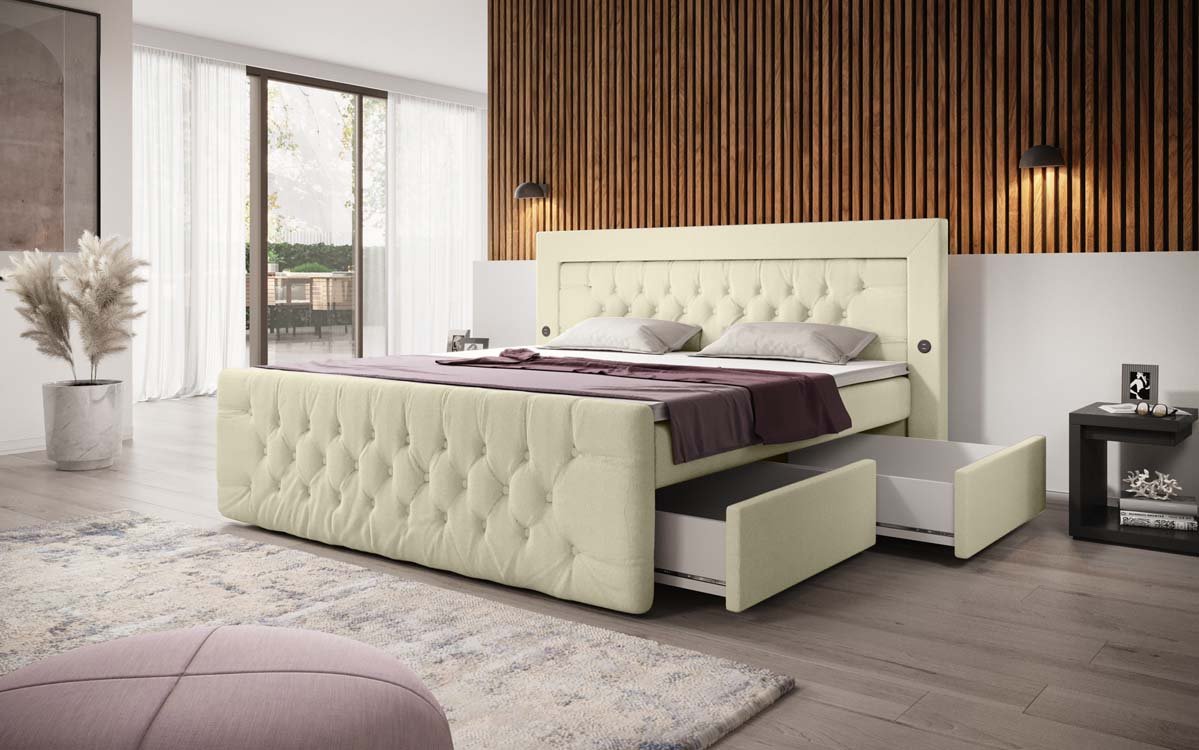 Boxspringbed Diva Bouclé met USB, LED en 2 laden