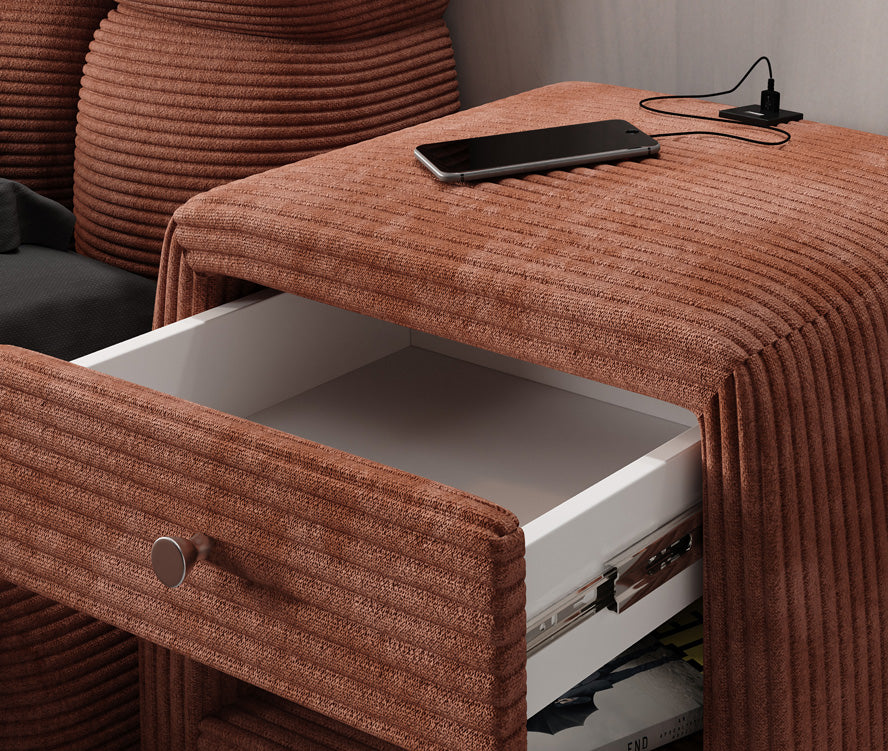 Designer nachtkastje Lilly met USB-aansluiting in Ribstof