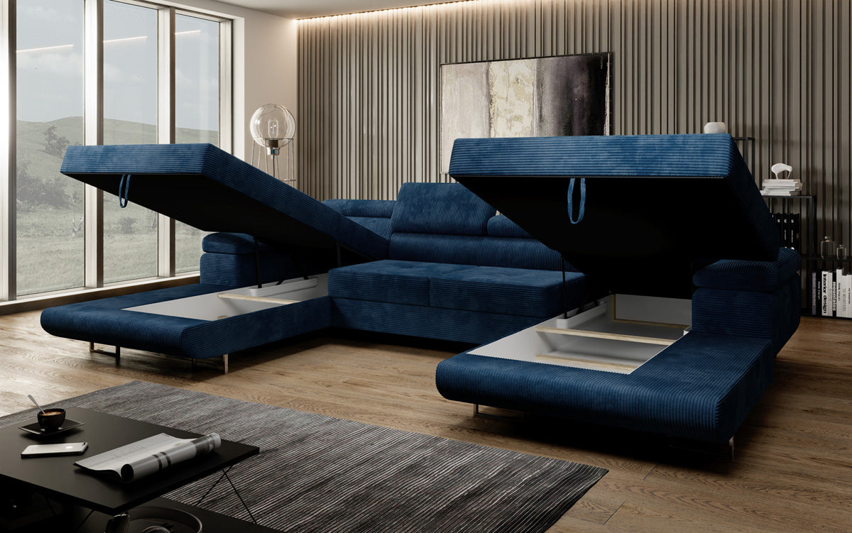 Designer Sofa Calvera U met slaap- en klapfunctie in corduroy