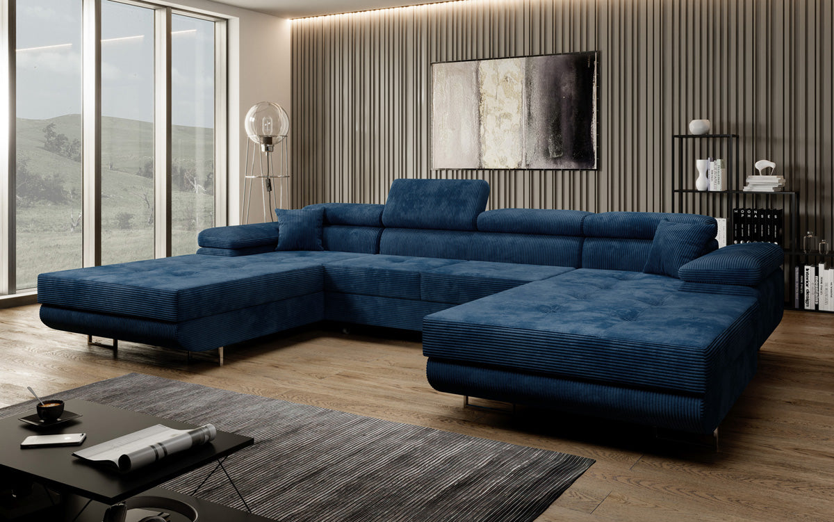 Designer Sofa Calvera U met slaap- en klapfunctie in corduroy