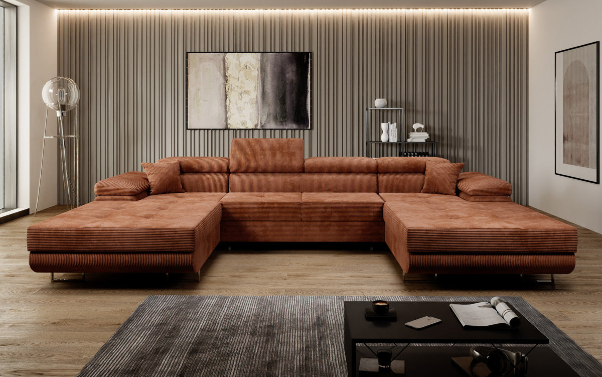 Designer Sofa Calvera U met slaap- en klapfunctie in corduroy