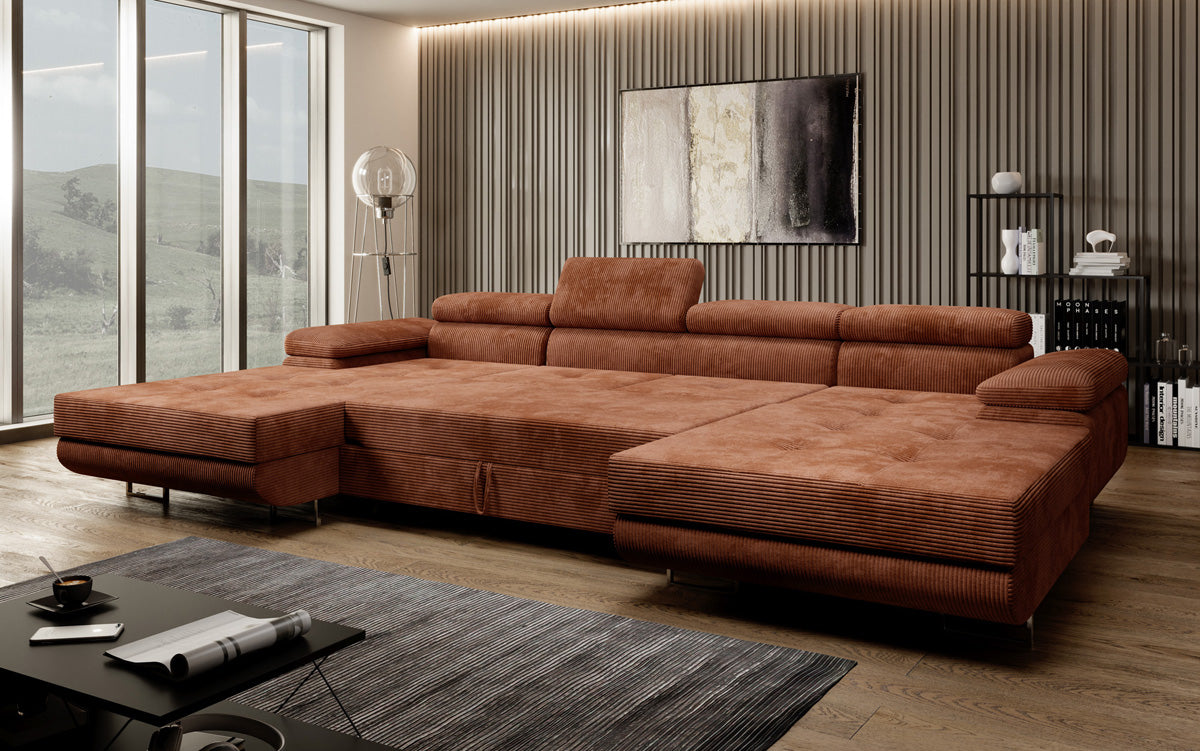 Designer Sofa Calvera U met slaap- en klapfunctie in corduroy