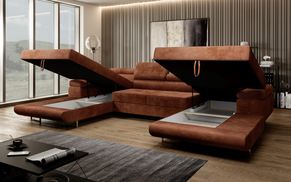 Designer Sofa Calvera U met slaap- en klapfunctie in corduroy