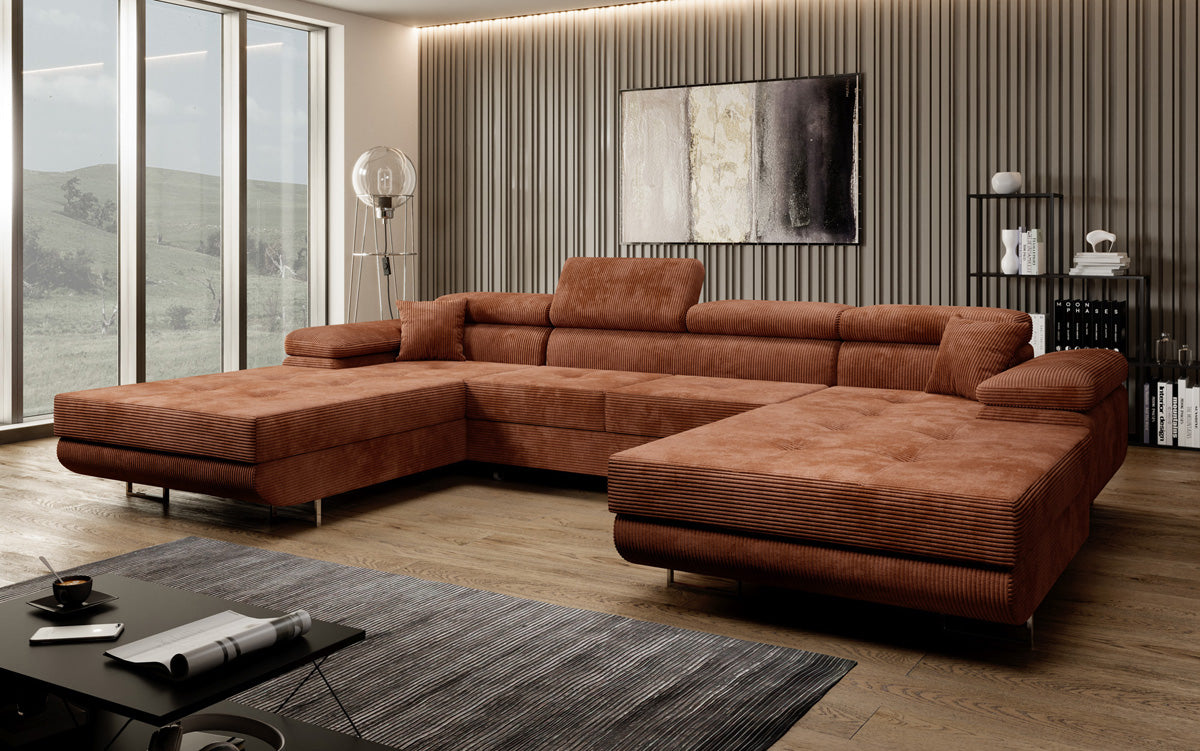 Designer Sofa Calvera U met slaap- en klapfunctie in corduroy