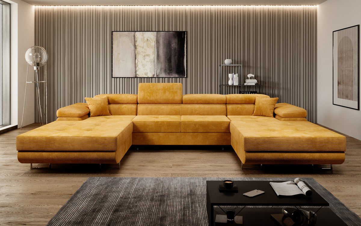 Designer Sofa Calvera U met slaap- en klapfunctie in corduroy