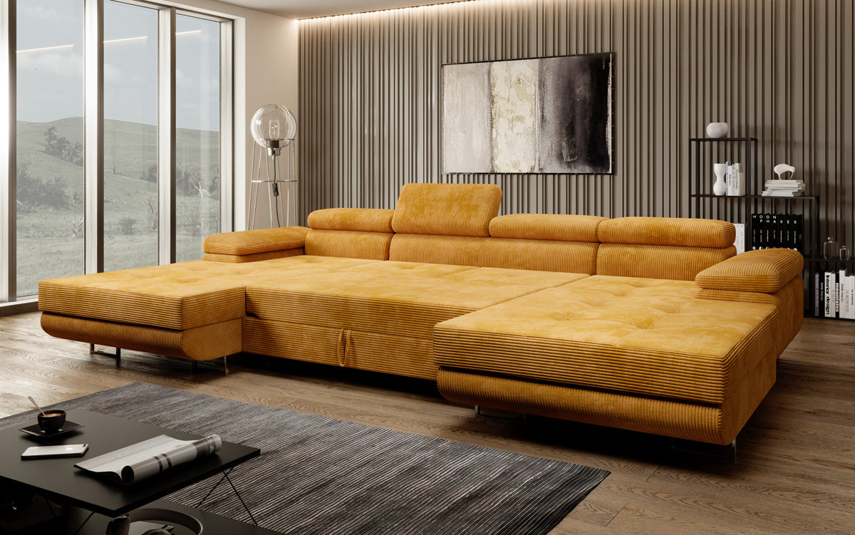 Designer Sofa Calvera U met slaap- en klapfunctie in corduroy