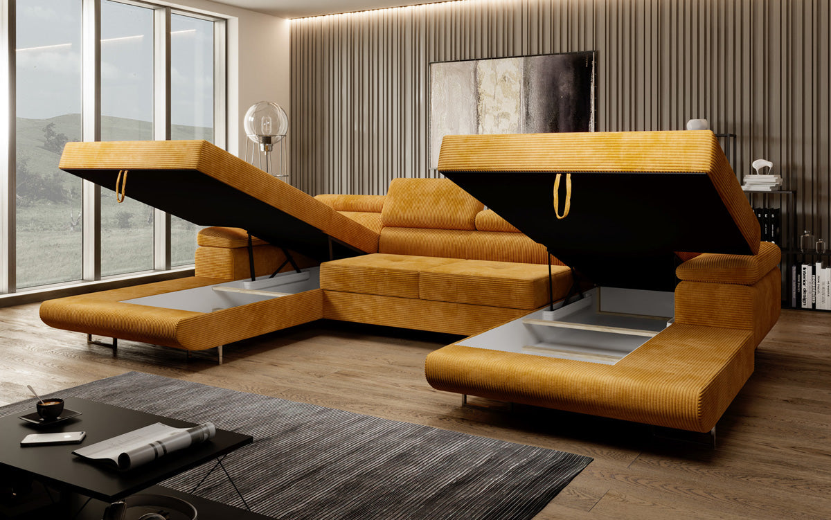 Designer Sofa Calvera U met slaap- en klapfunctie in corduroy