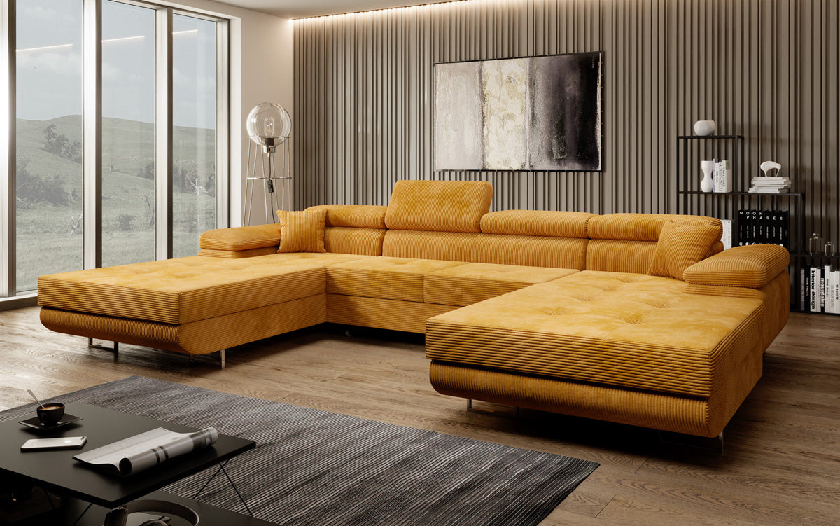 Designer Sofa Calvera U met slaap- en klapfunctie in corduroy