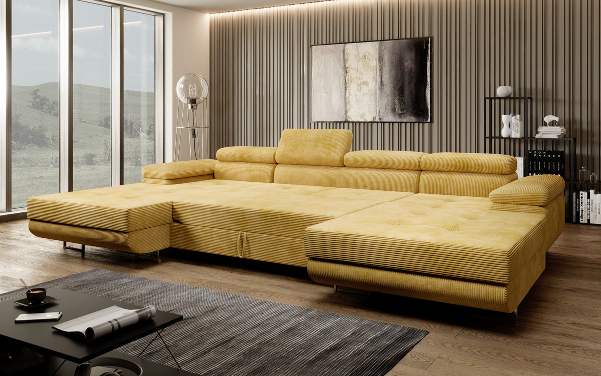 Designer Sofa Calvera U met slaap- en klapfunctie in corduroy