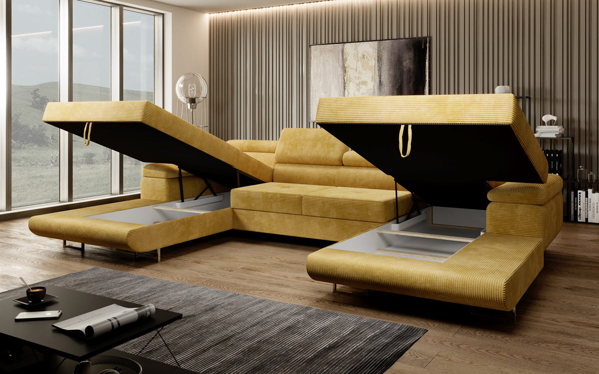 Designer Sofa Calvera U met slaap- en klapfunctie in corduroy