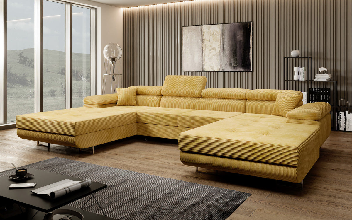 Designer Sofa Calvera U met slaap- en klapfunctie in corduroy