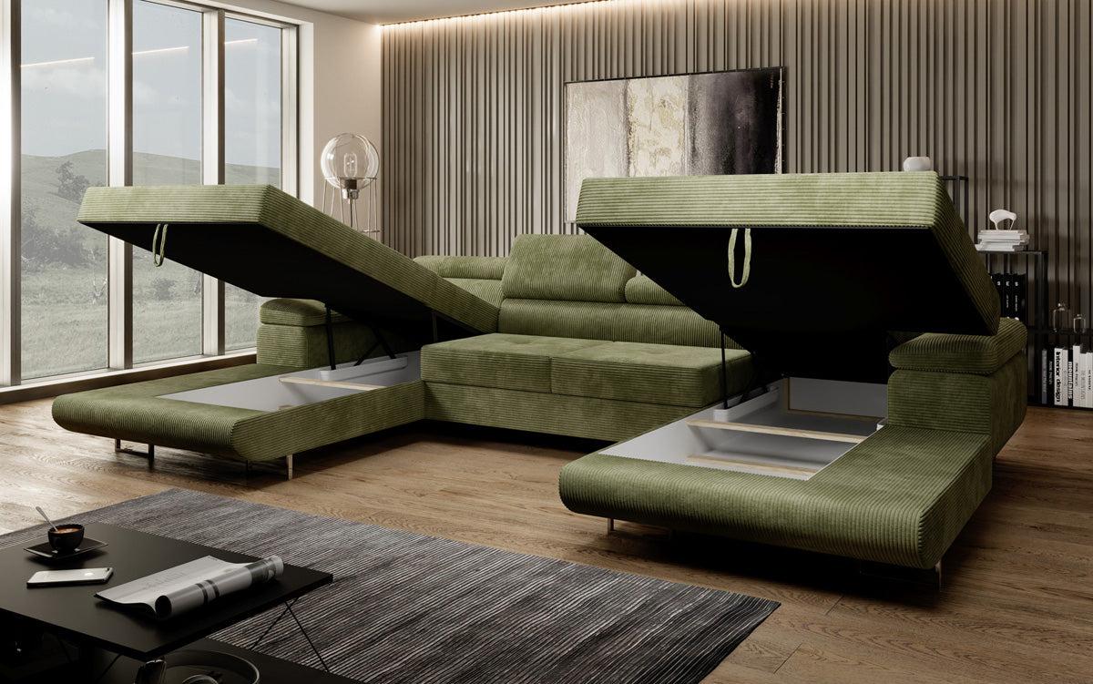 Designer Sofa Calvera U met slaap- en klapfunctie in corduroy