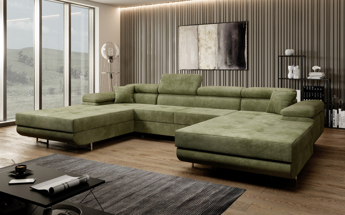 Designer Sofa Calvera U met slaap- en klapfunctie in corduroy