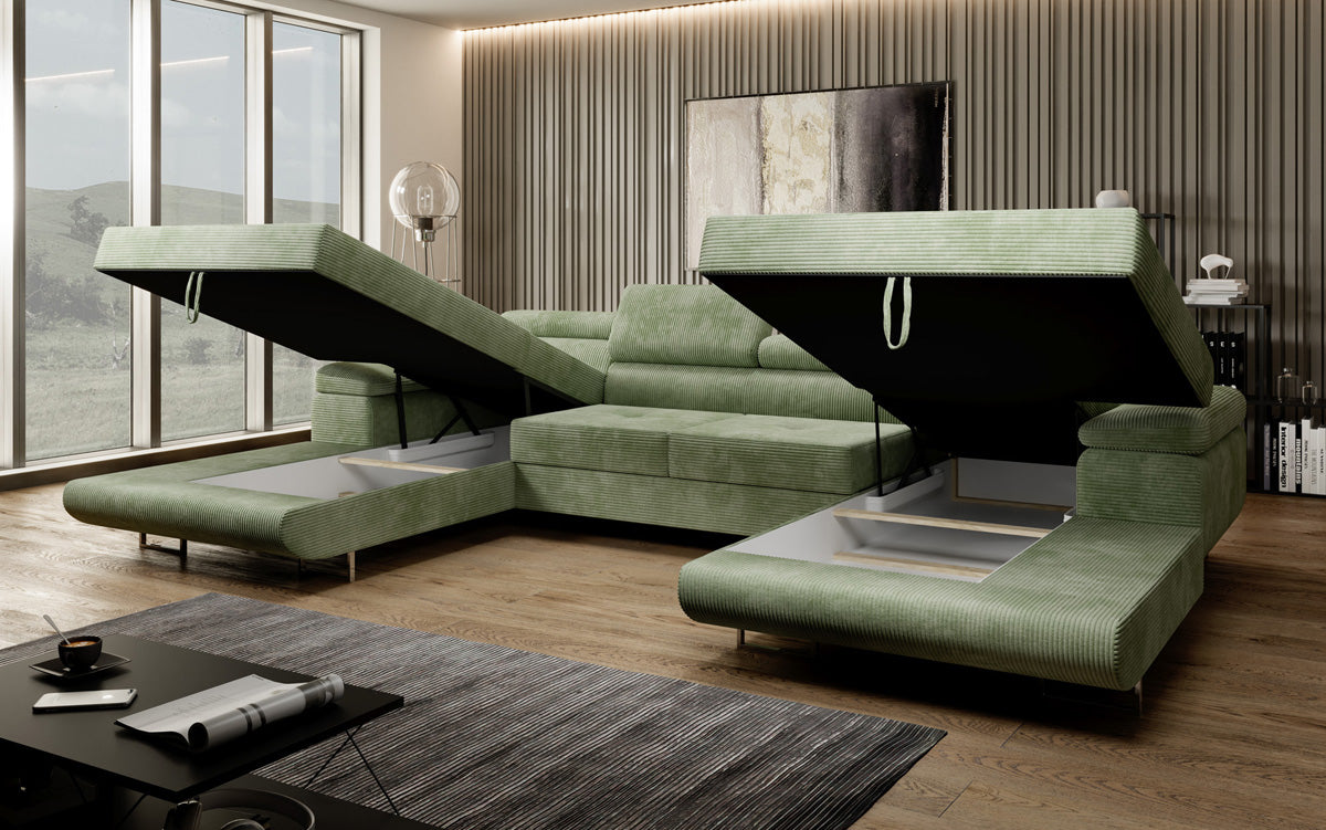 Designer Sofa Calvera U met slaap- en klapfunctie in corduroy