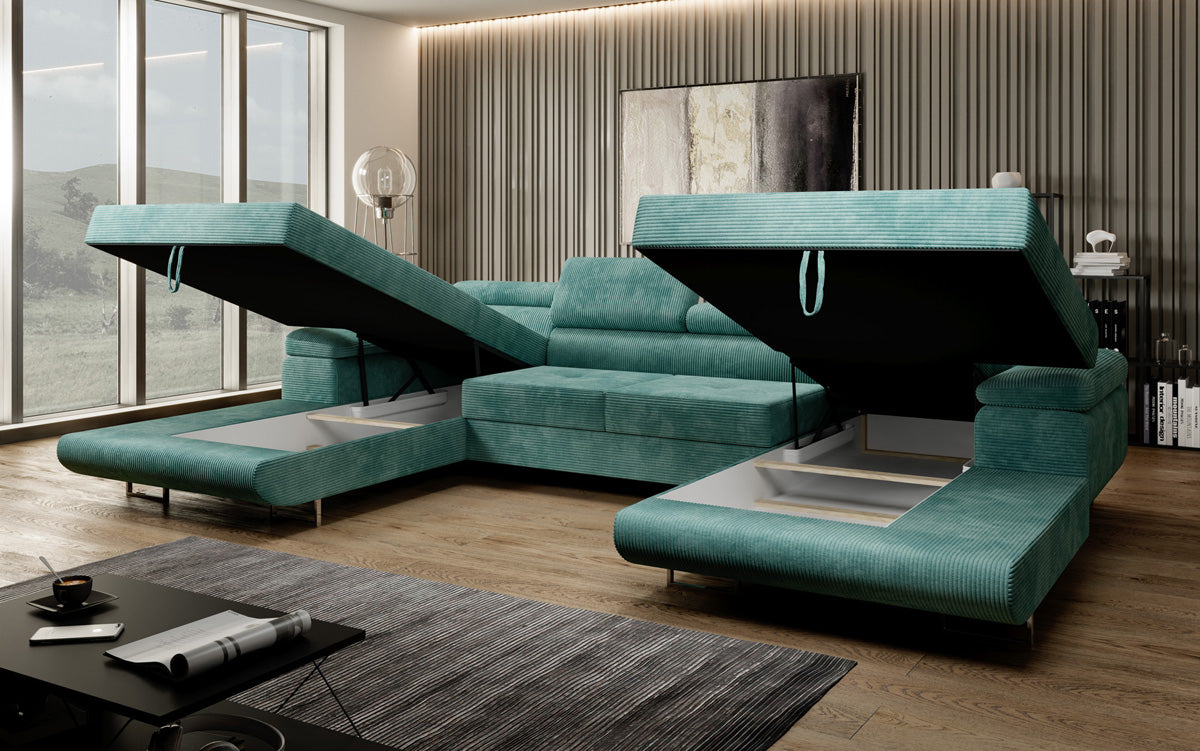 Designer Sofa Calvera U met slaap- en klapfunctie in corduroy
