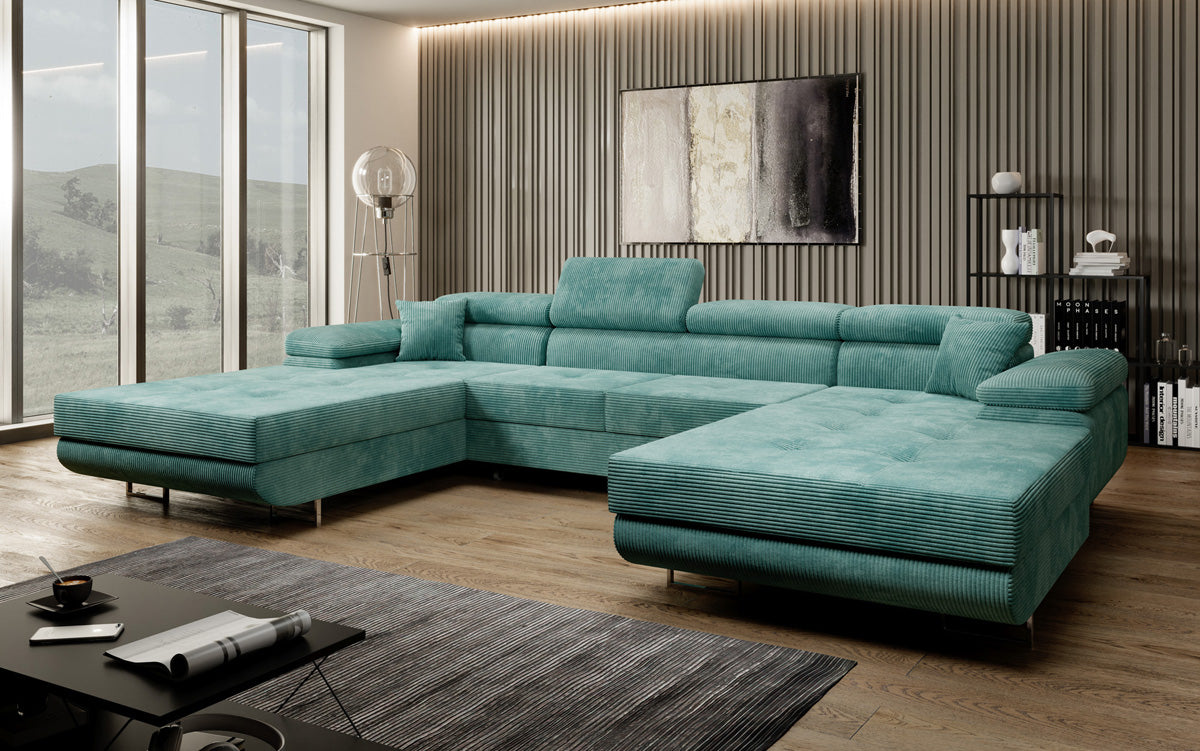Designer Sofa Calvera U met slaap- en klapfunctie in corduroy