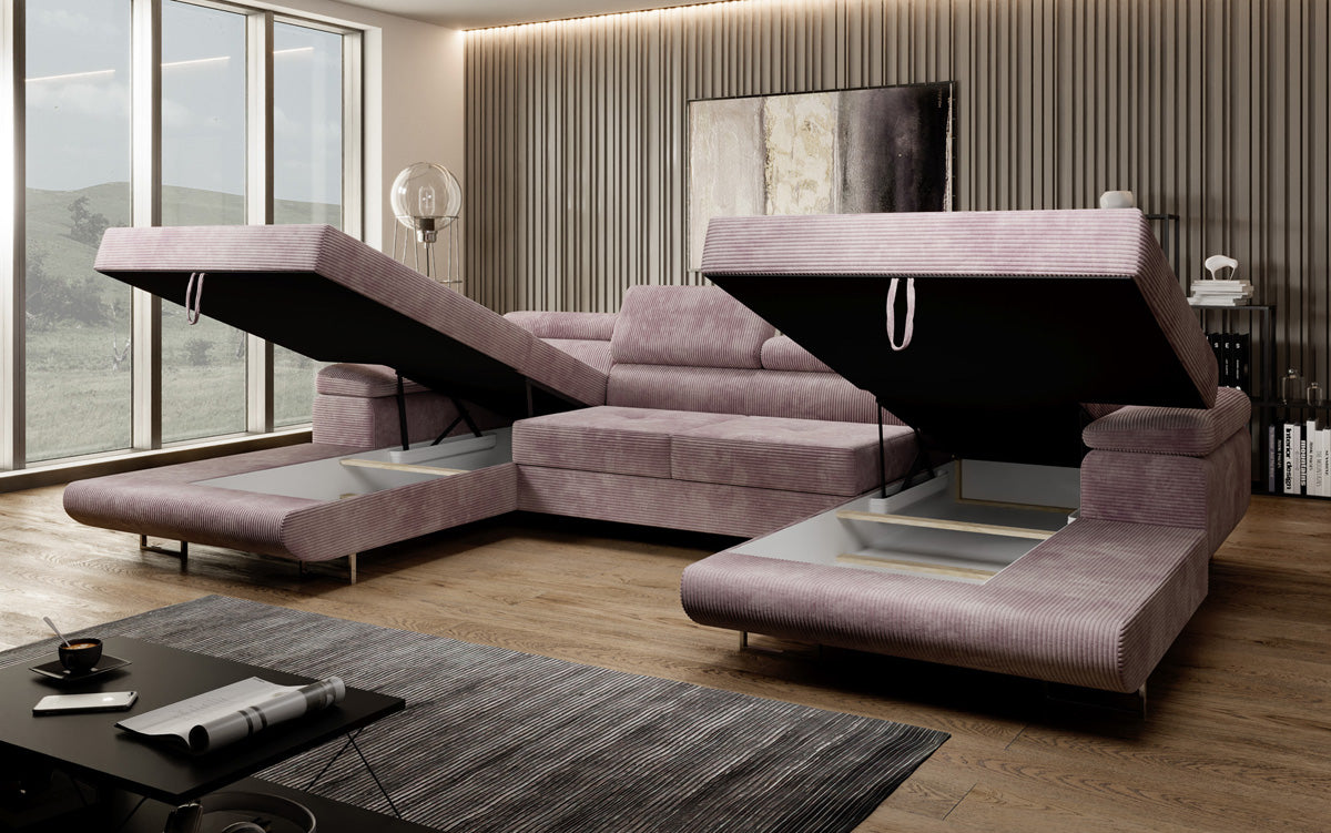 Designer Sofa Calvera U met slaap- en klapfunctie in corduroy