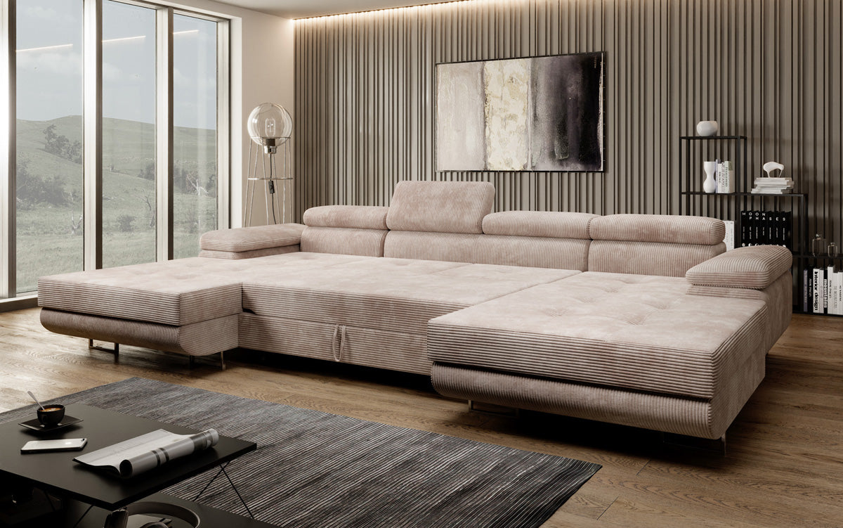 Designer Sofa Calvera U met slaap- en klapfunctie in corduroy