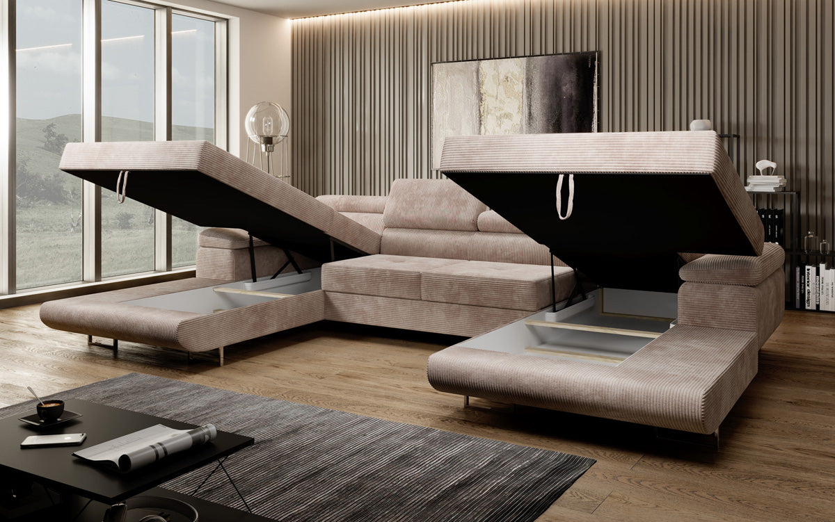Designer Sofa Calvera U met slaap- en klapfunctie in corduroy