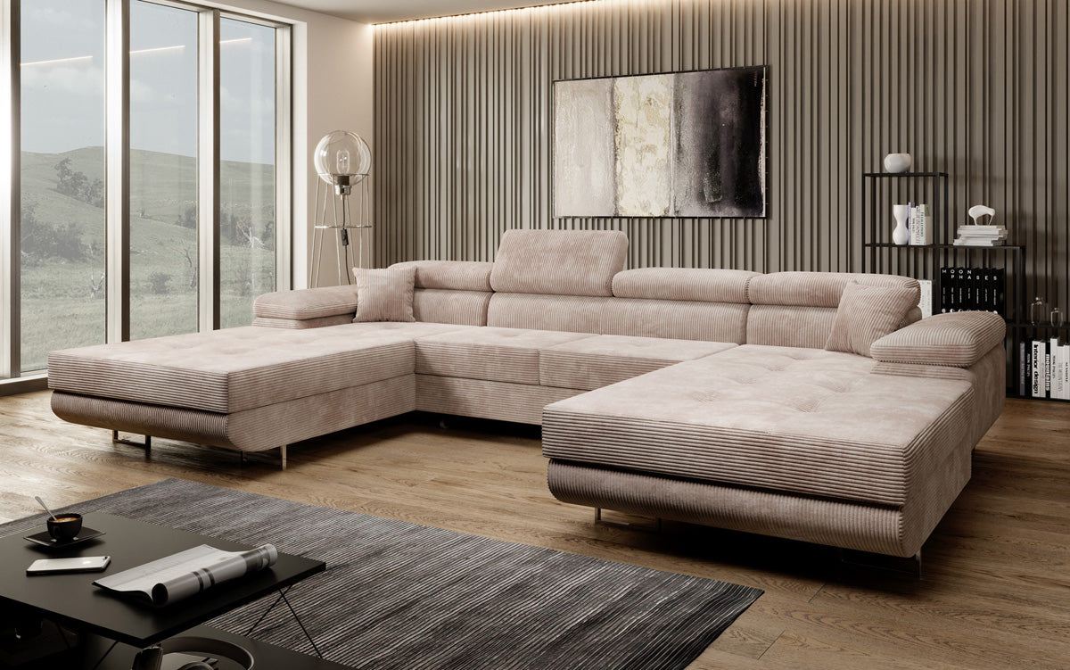 Designer Sofa Calvera U met slaap- en klapfunctie in corduroy