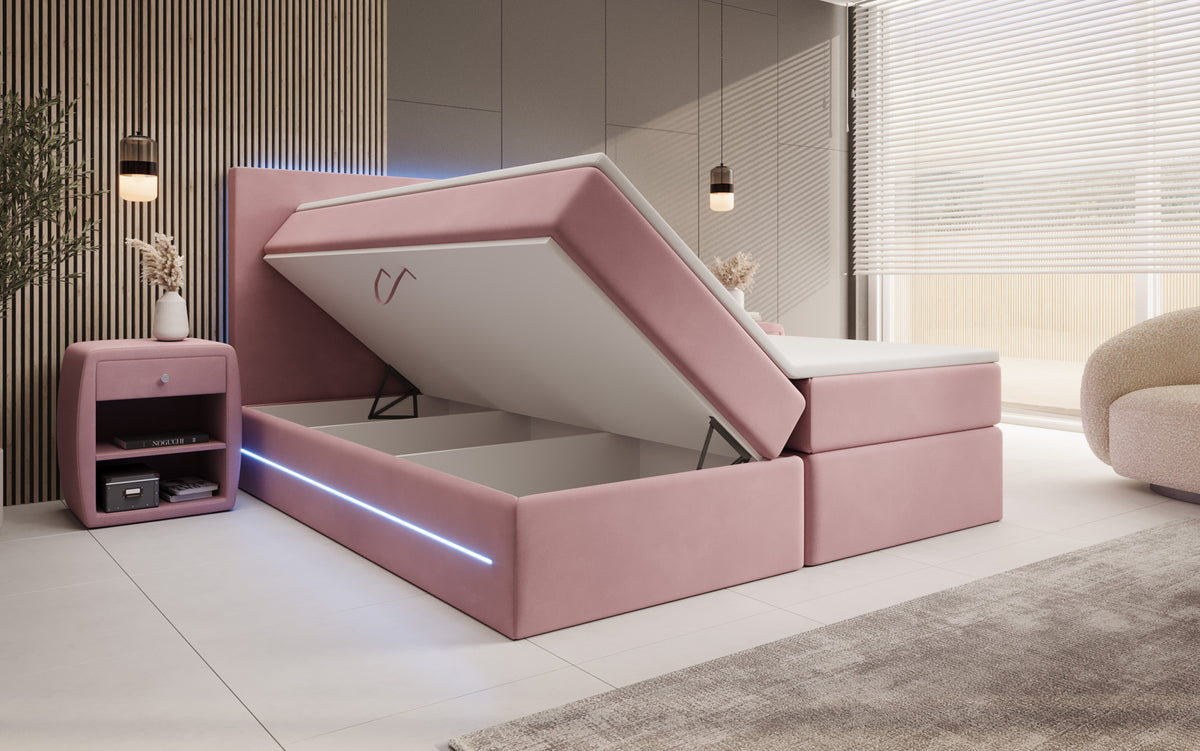 Boxspringbed Voyage met LED en opbergruimte in Fluweel