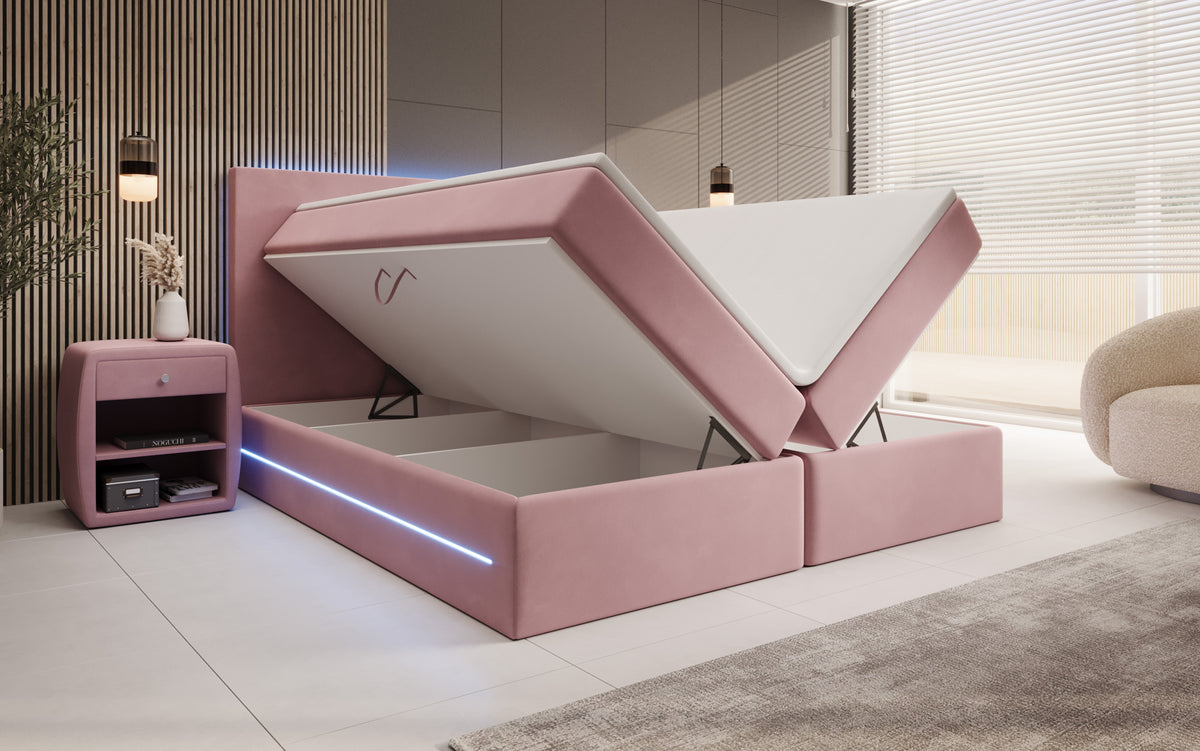 Boxspringbed Voyage met LED en opbergruimte in Fluweel
