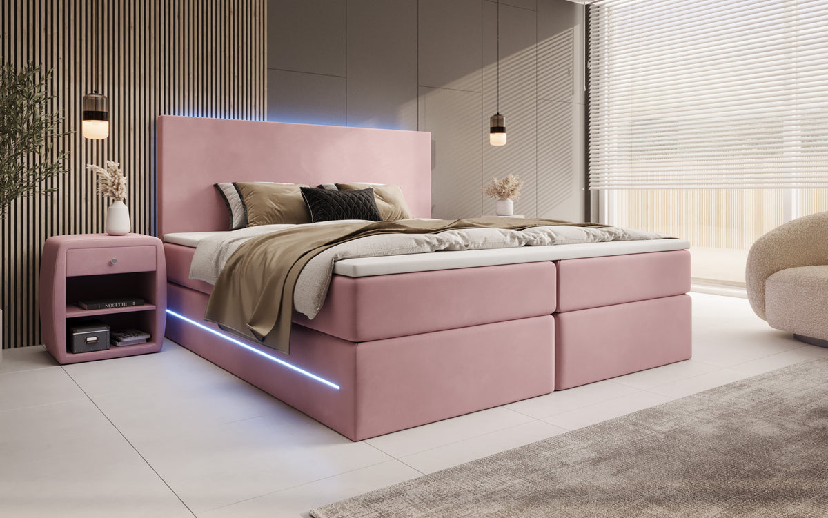 Boxspringbed Voyage met LED en opbergruimte in Fluweel